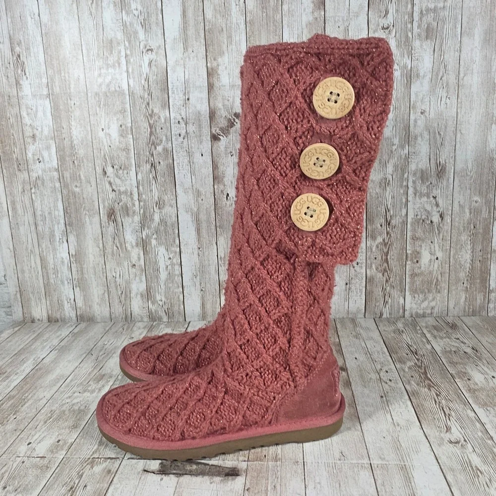 UGG Australia‎ Knit Tall Boots Rose Gold Metallic Buttons Womens Size 6
